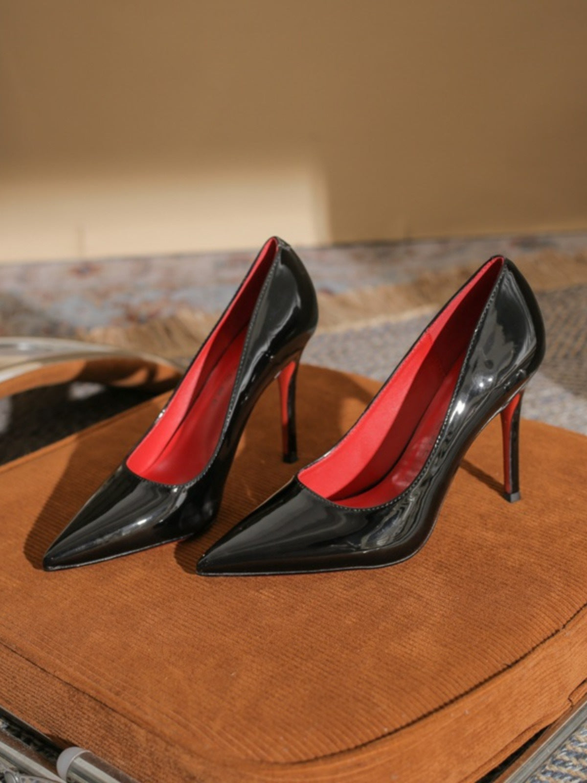 Black Patent Leather Pointed Toe Extreme Stiletto Pumps with Red Sole & Red Lining | Iconic Luxury Power Heels for Women