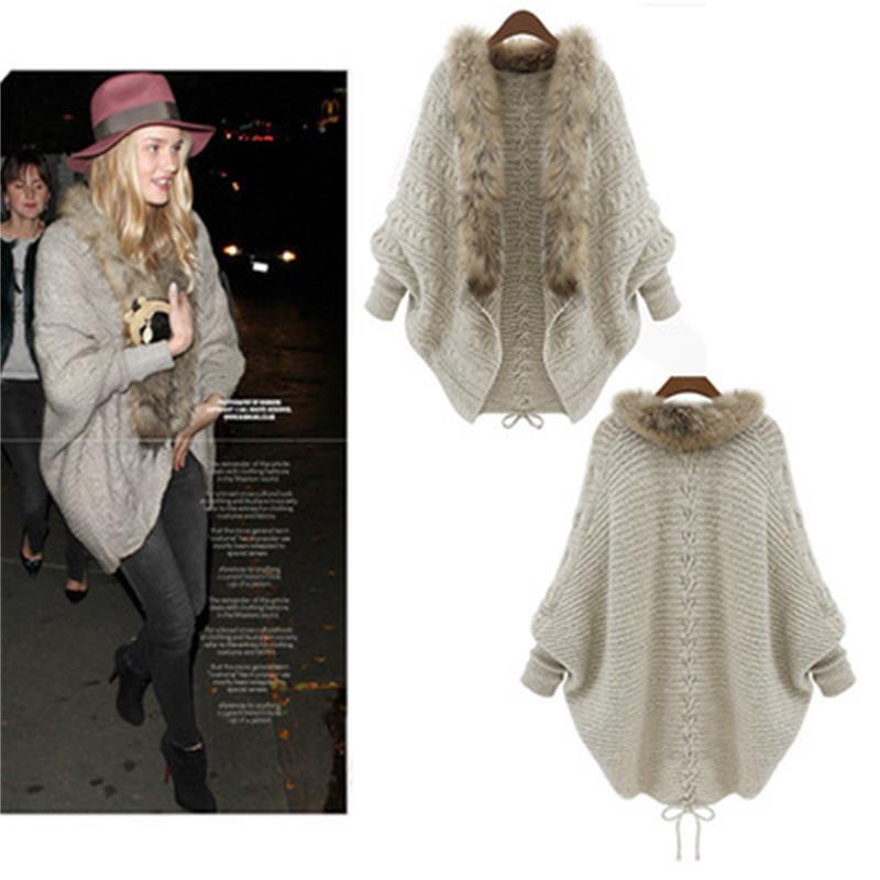 Damen Oversize Zopfmuster-Cardigan mit Kunstfellkragen – Fledermausärmel, offene Vorderseite, Tunnelzug an der Taille, Pullover-Mantel – Gemütlicher Winter-Wickelcardigan in Beige-Camel