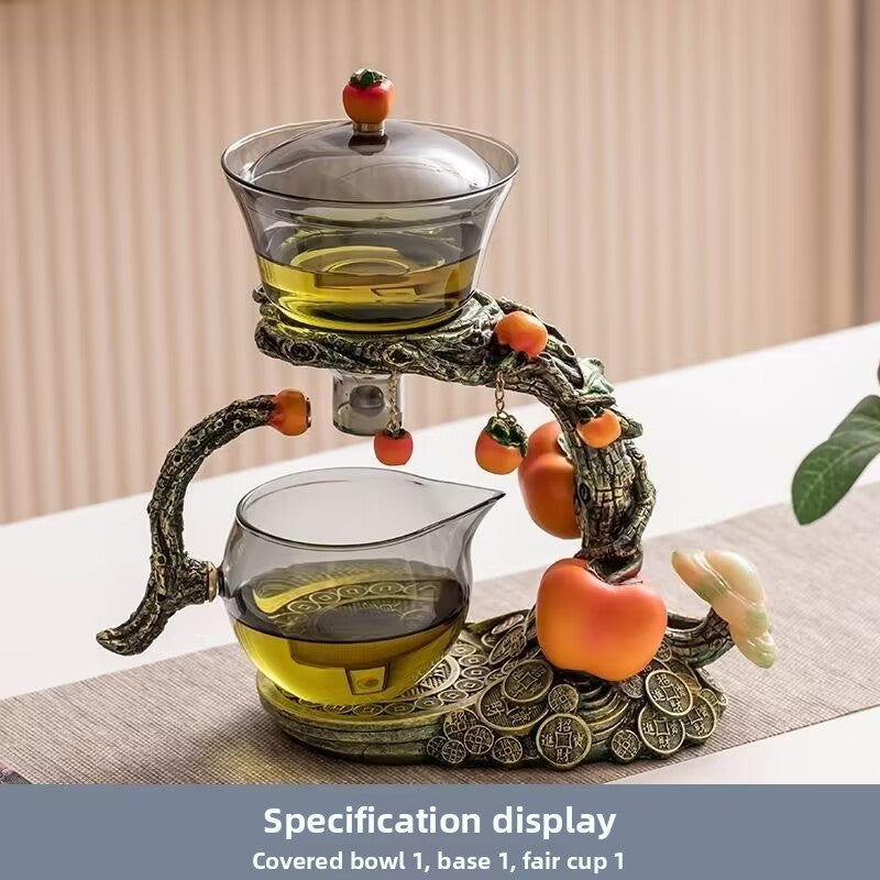 Chinese Automatic Glass Tea Set | Persimmon Tree Lucky Design | Magnetic Rotating Infuser | 6 Cups & Tea Tray | Kung Fu Gongfu Tea Ceremony Gift