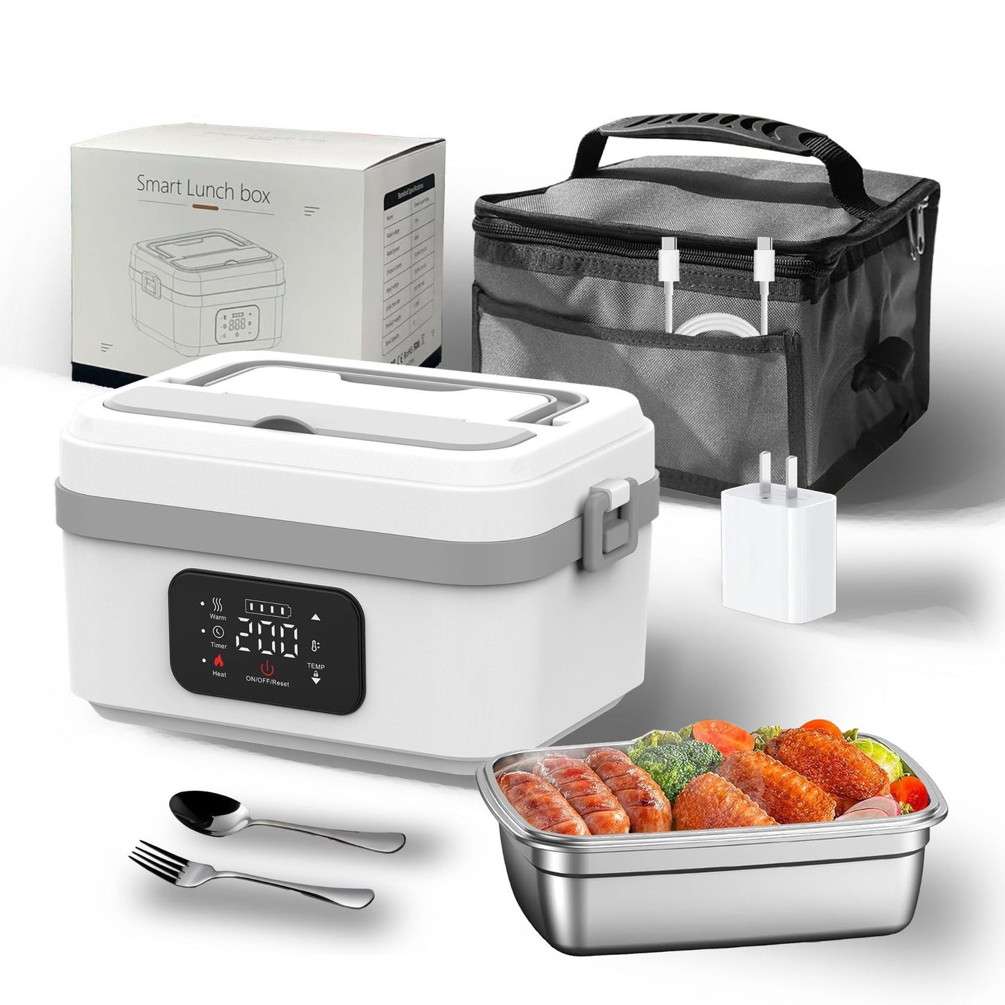 Electric Lunch Box Food Heater with LCD Display Timer & Carry Bag - Portable Self Heating Bento Box Stainless Steel Container for Work
