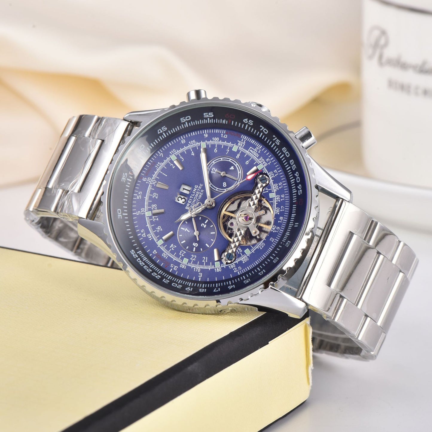 Men's Automatic Tourbillon Watch | Blue Dial Chronograph Stainless Steel Aviation Pilot Watch