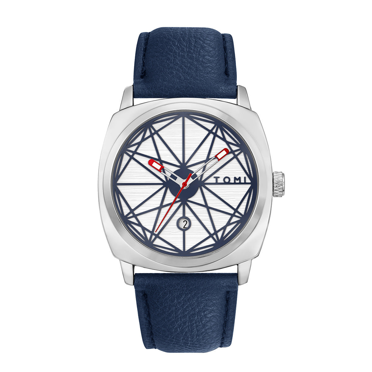 TOMI All Black Geometric Dial Men's Watch | Red Accent Hands Cushion Case Black Leather Strap Date Watch