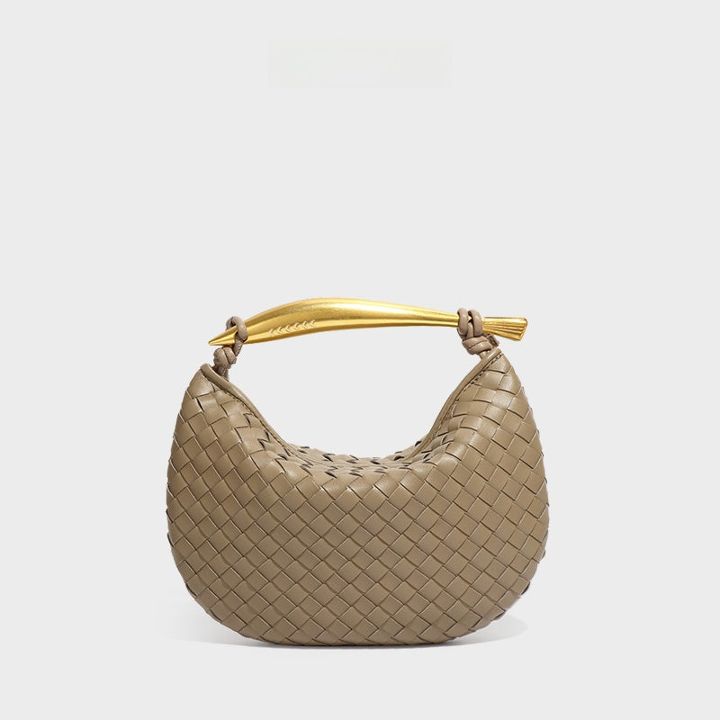 Burgundy Woven Leather Hobo Bag with Gold Handle | Intrecciato Crescent Shoulder Bag