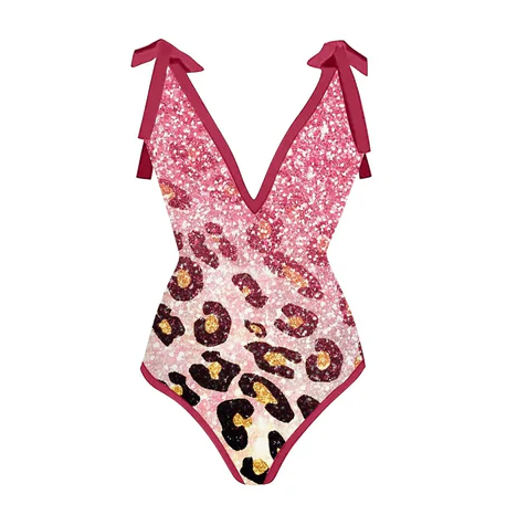 Costume Intero Leopardato Teal Oro Glitter & Set Gonna Pareo | Costume da Bagno Scollo a V Profondo con Spalline da Annodare | Set Spiaggia Due Pezzi Stampa Animale Glamour Donna