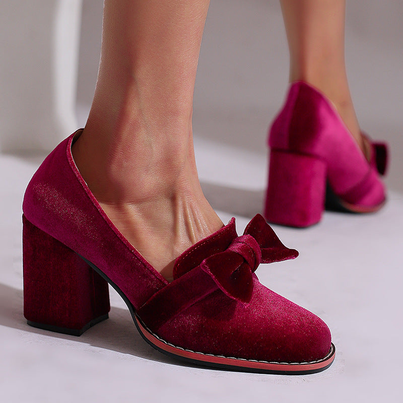 Magenta Velvet Bow Loafer Block Heel Pumps | Women's Round Toe Slip-On Chunky Heel Shoes | Luxury Velvet Party Heels