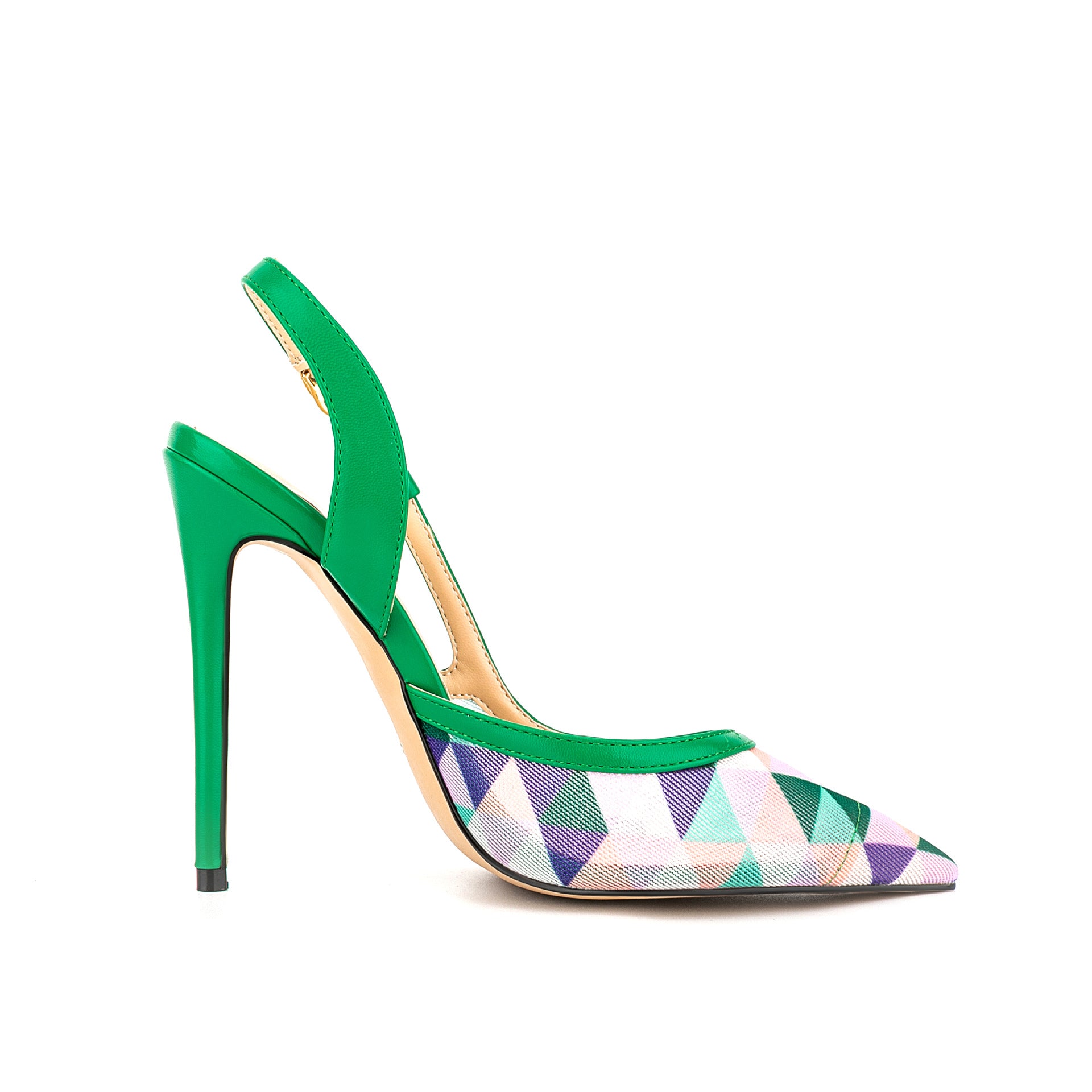 Hot Pink Geometric Print Pointed Toe Slingback Stiletto Heels | Women's Colorful T-Strap High Heel Pumps