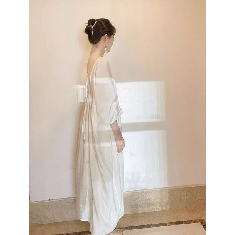 Women's Beige Oversized Loose Maxi Dress Casual V-Neck Tie Front Puff Sleeve Flowy Nightgown Sleepwear Dress