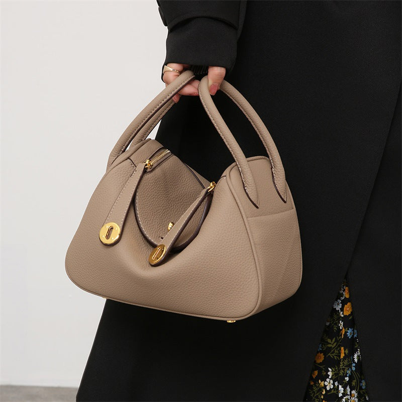 Taupe Leather Crossbody Bag with Flap Closure & Gold Hardware | Small Messenger Bag