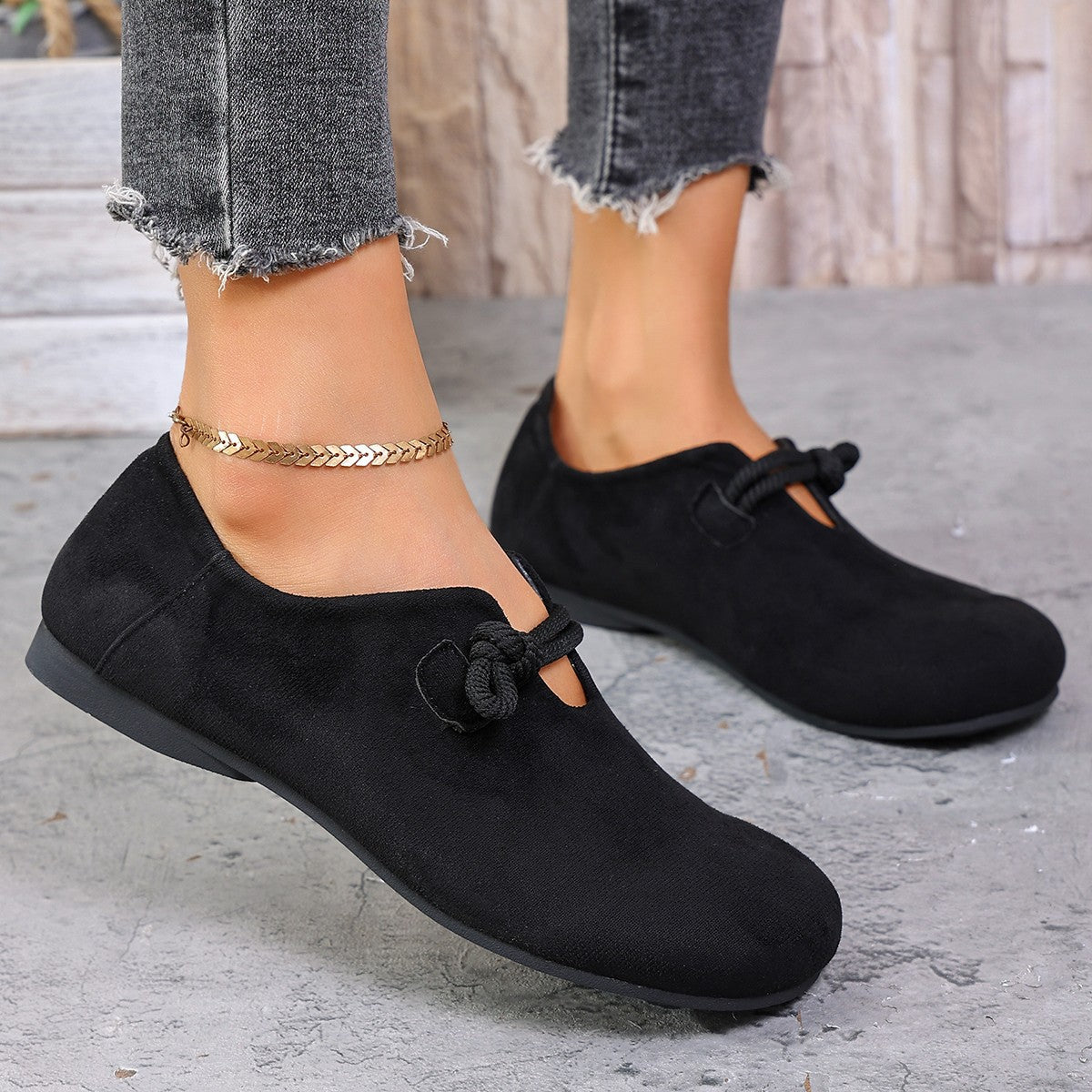 Women's Beige Suede Rope Knot Mary Jane Flats ? Minimalist Slip-On Round Toe Casual Shoes