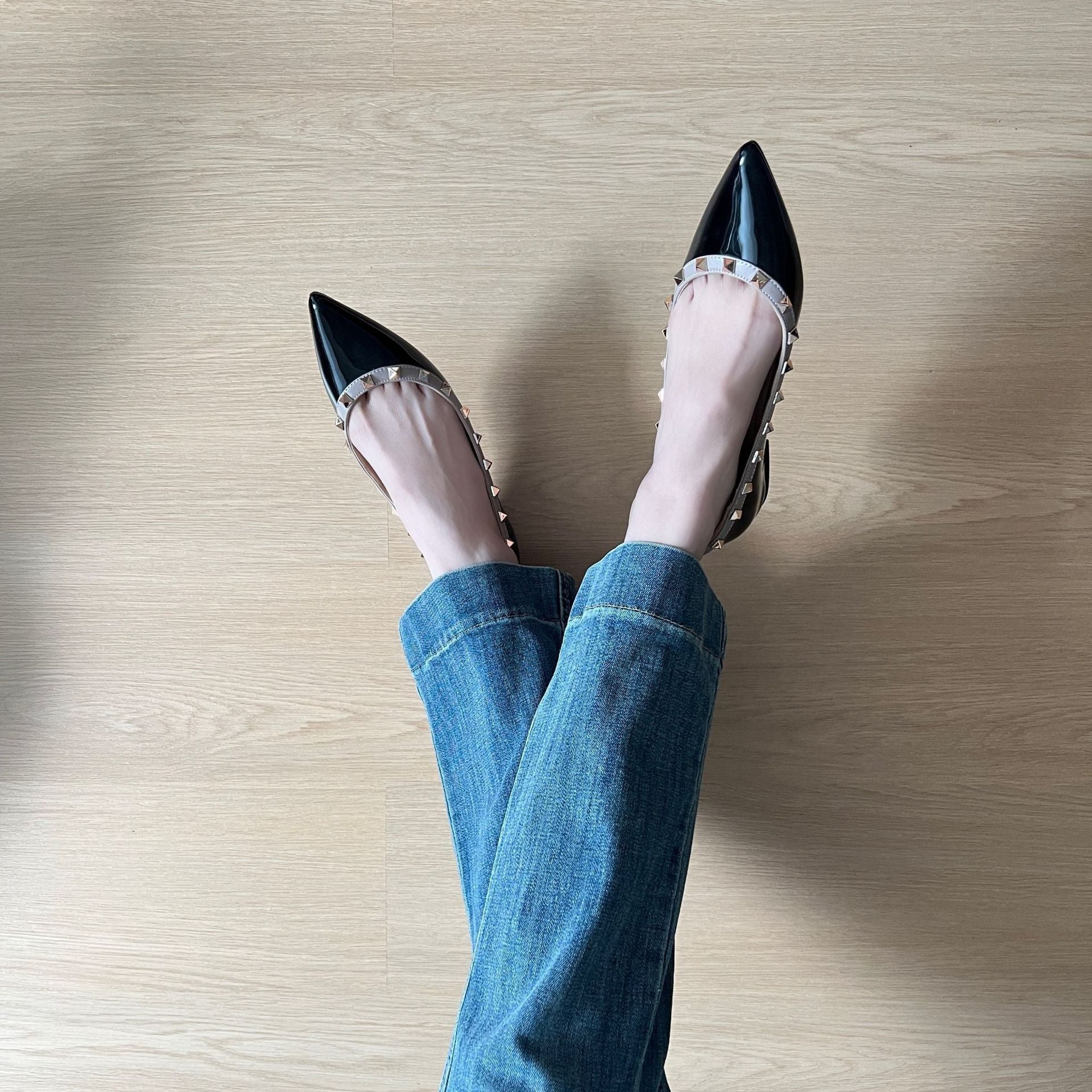 Black Patent Leather Studded Strap Pointed Toe Flats | Women's Rockstud Ballet Slingback Shoes