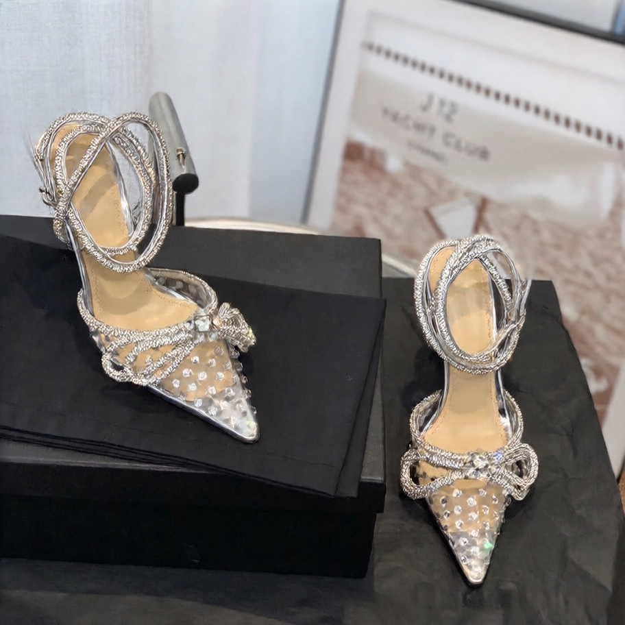 Black Satin Crystal Rhinestone Bow Heels for Women | Diamond Bow Pointed Toe Slingback Stiletto Sandals | Luxury Bridal Wedding Crystal Bow Pumps | Designer Inspired Jewel Bow Evening Heels