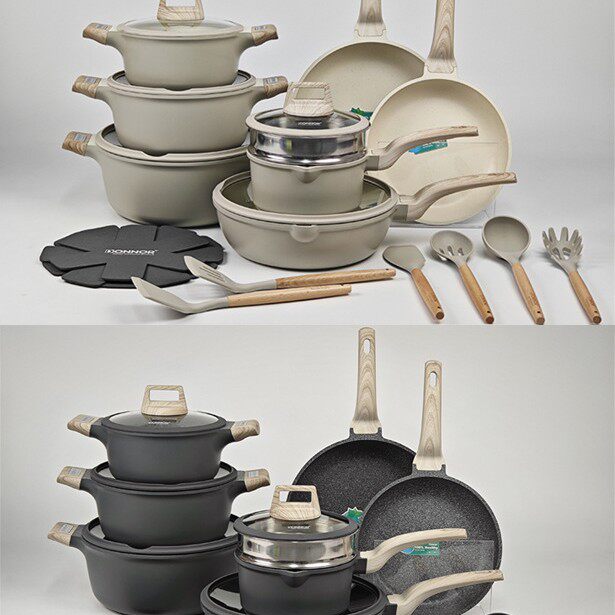 Donnor Relly 22-Piece Non-Stick Cookware Set Grey | Granite Coating European Aluminum | Pots Pans Kitchen Set