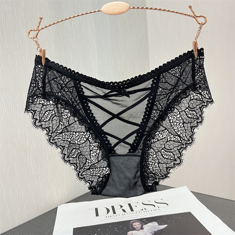 Damen Höschen mit schwarzer Spitze und überkreuzter Vorderseite | Transparente Mesh-Schnürunterwäsche | Sexy Wimpernspitzen-Slips