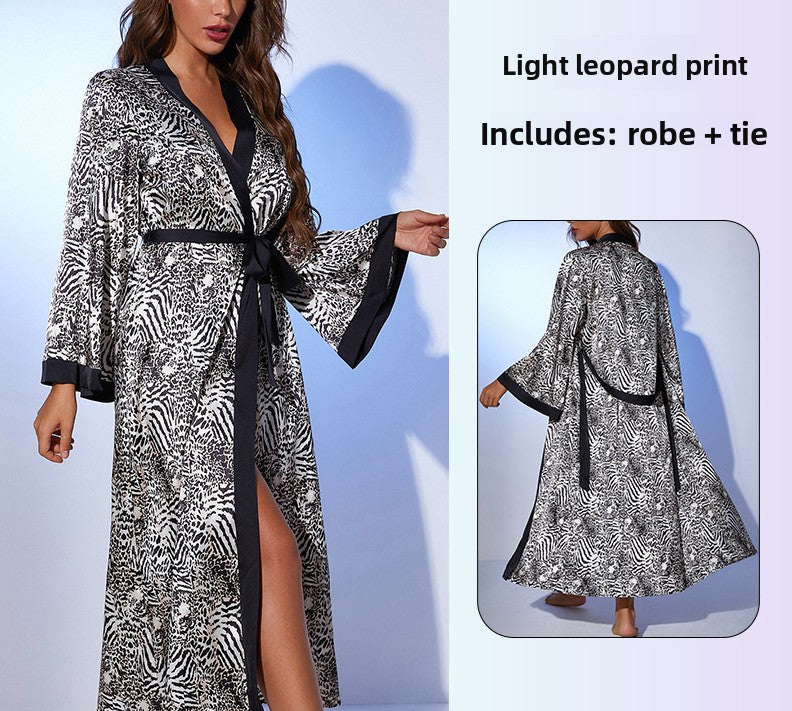 Women's Black Satin Maxi Robe with Belt Sexy Deep V Neck Flared Sleeve Floor Length Dressing Gown Kimono Sleepwear