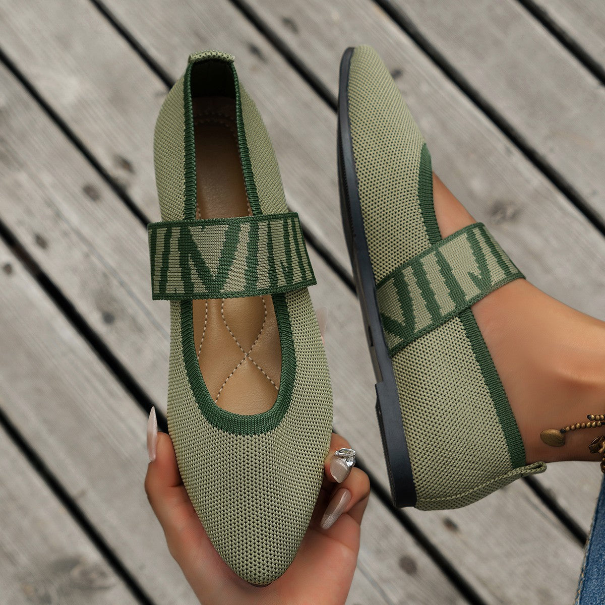 Black Knit Pointed Toe Flats Women Geometric Stripe Strap Slip-On Breathable Ballet Shoes Casual Daily