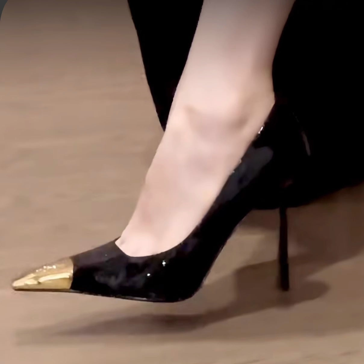 Black Patent Leather Gold Metal Cap Toe Stiletto Pumps | High Heel Pointed Toe Court Shoes for Women