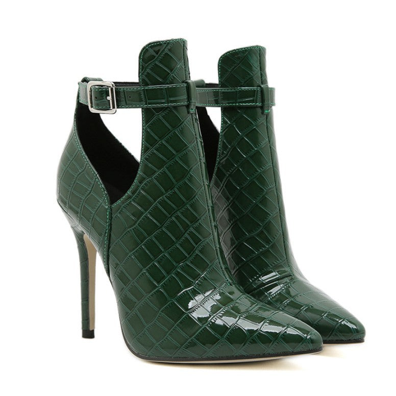 Women's Black Stiletto Ankle Boots | Pointed Toe | Buckle Strap | Cutout Detail | High Heel Fashion Boots