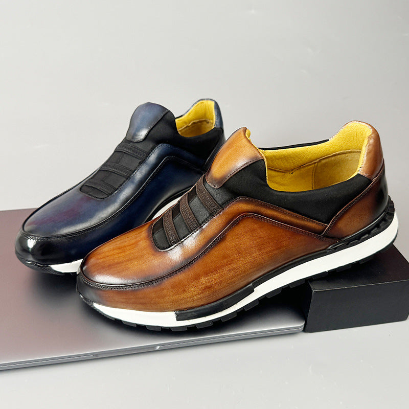 Men's Luxury Leather Slip-On Sneakers | Cognac Patina Casual Shoes with Elastic Band & Suede Detail | Premium Handcrafted Loafer Sneakers