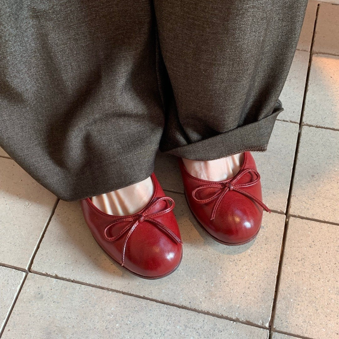 Women's Red Leather Ballet Flats | Round Toe Bow Detail Classic Ballerina Shoes | Soft Slip-On Flat Pumps