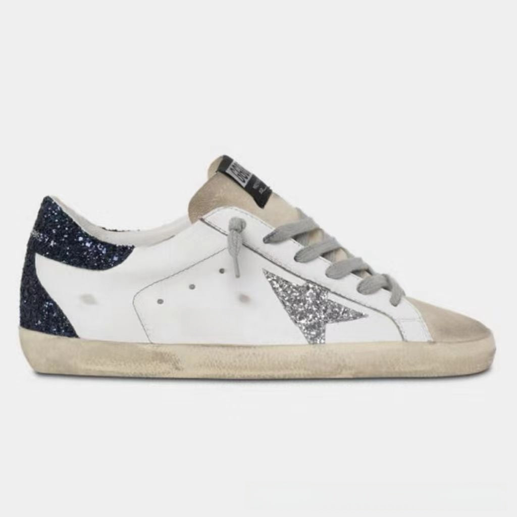 Women's White Distressed Star Patch Low Top Sneakers ? Vintage Worn Look Leather Style Lace-Up Shoes