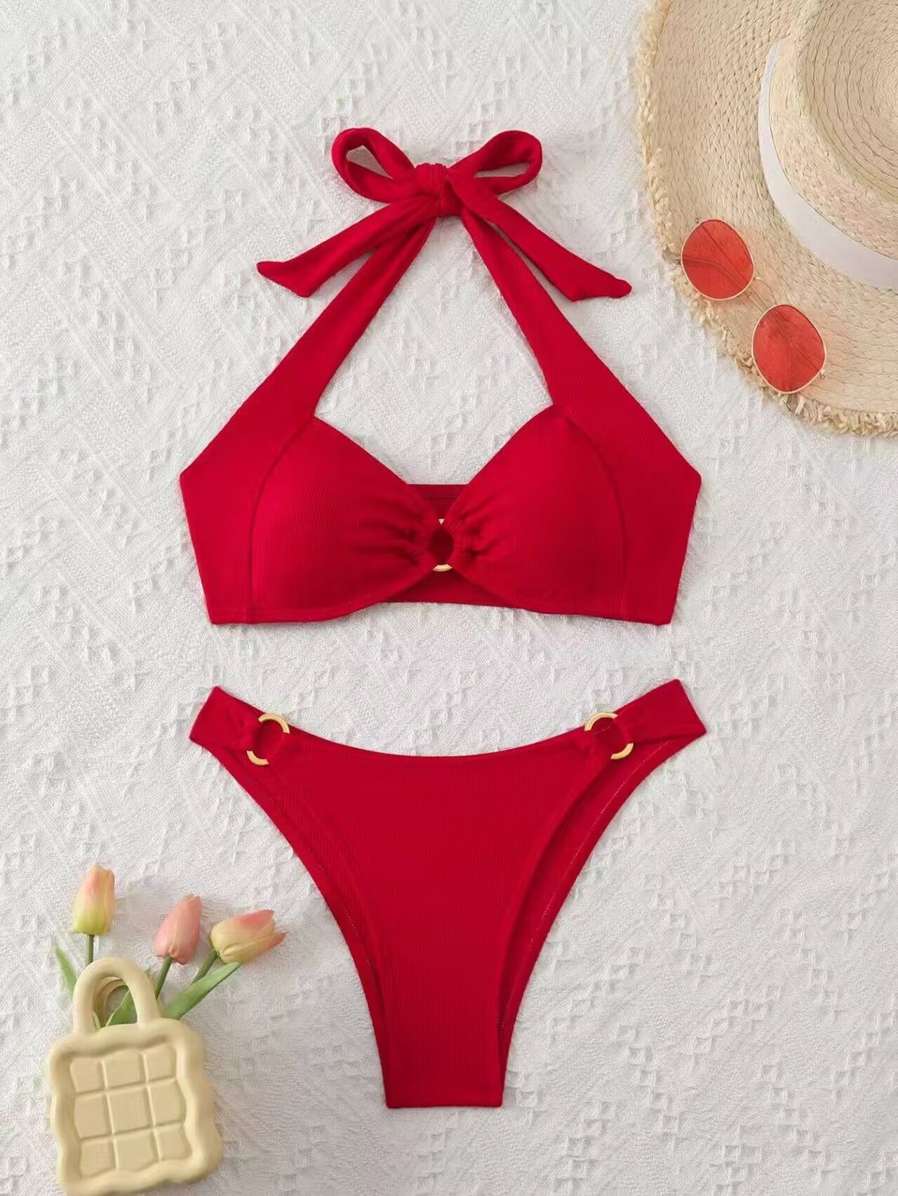 Black Ribbed Halter Bikini Set with Gold O-Ring Detail | Two Piece Swimsuit