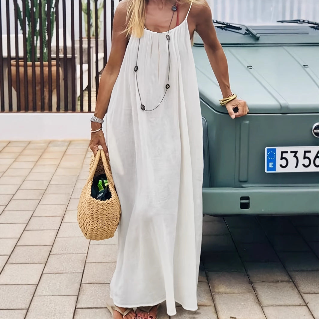 Women's White Open Back Tie Maxi Dress Spaghetti Strap Flowy Loose Beach Sundress Boho Summer Vacation Dress
