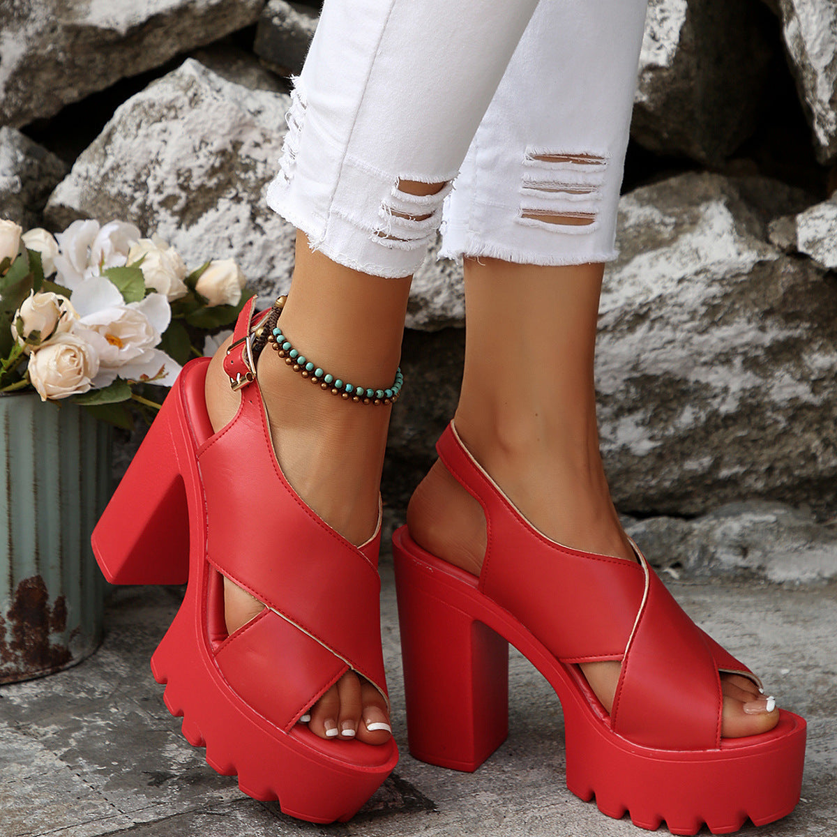 Black Leather Crossover Strap Lug Sole Platform Block Heel Slingback Sandals | Women's Chunky Open Toe High Heel Shoes