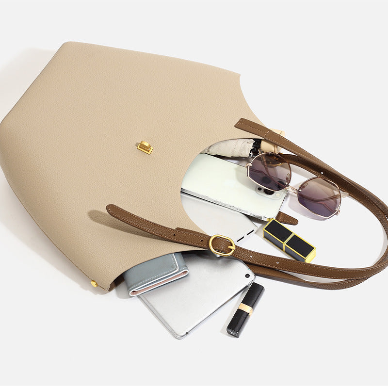 Luxury Leather Bucket Tote Bag with Gold Twist Lock | Women's Designer-Style Shoulder Bag in Beige & Brown Contrast Strap | Everyday Handbag for Work & Travel