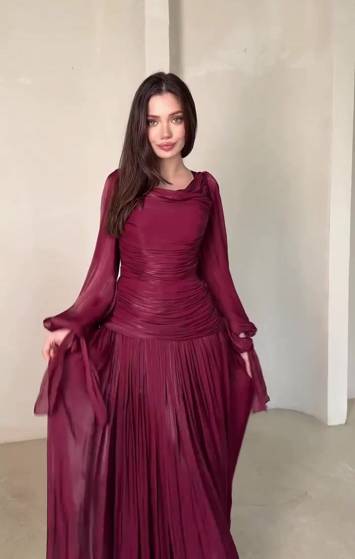 Burgundy Ruched Maxi Dress with Pleated Skirt | Long Sleeve Cowl Neck Formal Evening Gown