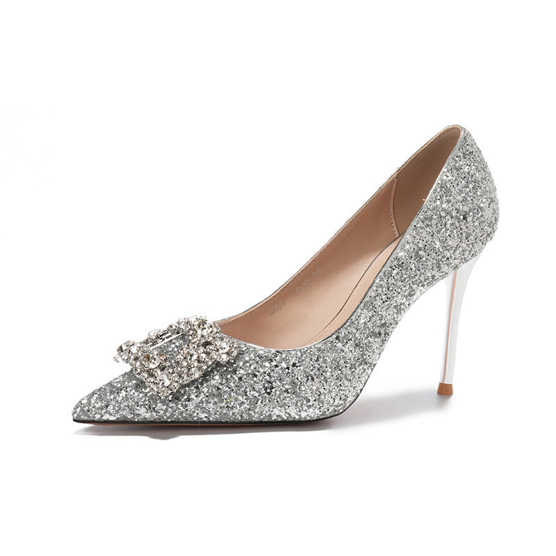 Gold Glitter Stiletto Heels | Crystal Rhinestone Buckle Pointed Toe Pumps | Wedding & Evening Party Shoes for Women
