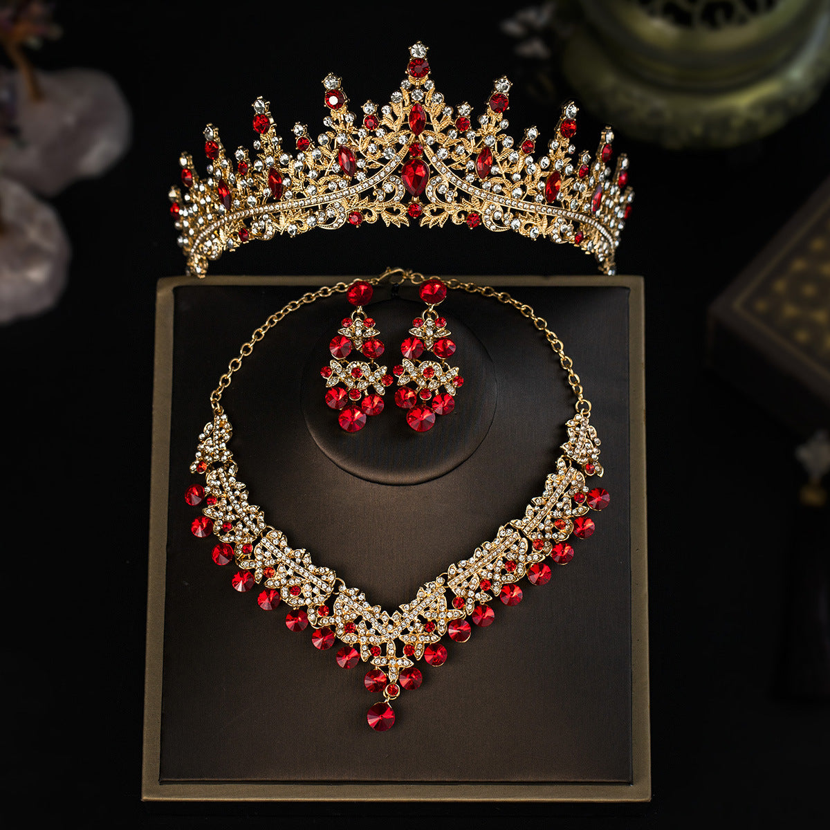 3 Piece Red Crystal Bridal Jewelry Set | Gold Crown Tiara Necklace & Earrings | Queen Wedding Pageant Party Jewelry Set