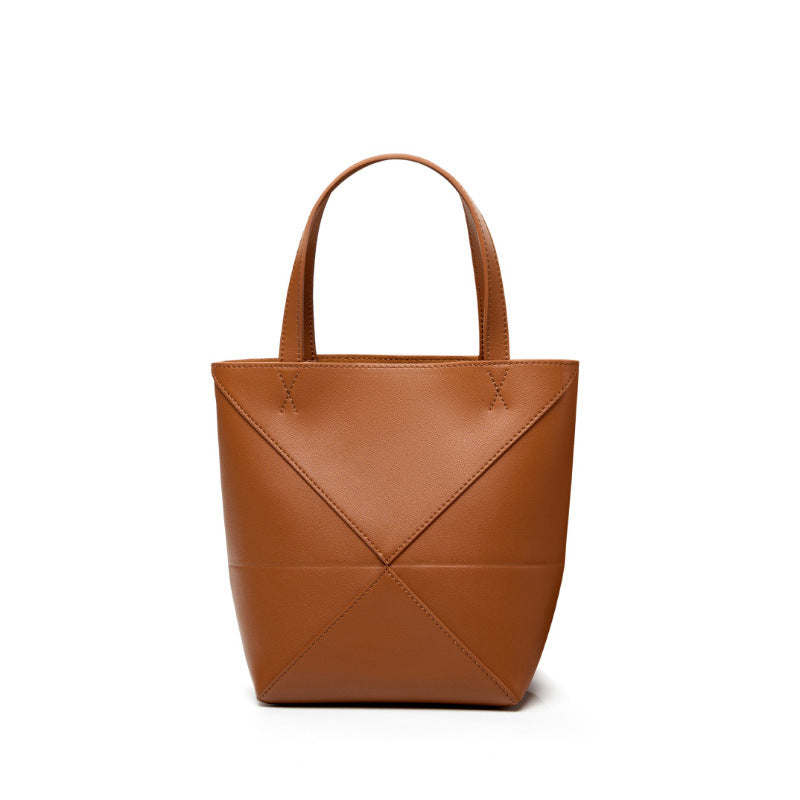 Black Leather Tote Bag - Minimalist Geometric Panel Shoulder Bag | Women's Large Capacity Work Shopping Tote