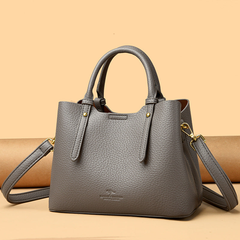 Taupe Pebbled Leather Satchel Bag - Structured Top Handle Tote with Crossbody Strap | Women's Professional Handbag with Gold Hardware