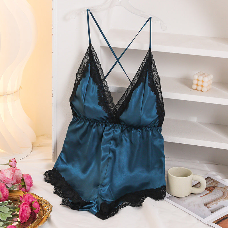 Women's Red Satin Lace Trim Romper Playsuit Sexy Deep V Neck Elastic Waist Sleeveless Lingerie Sleep Romper Shorts