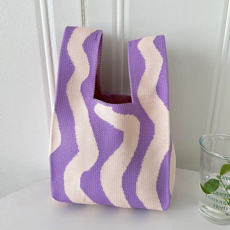 Black & White Geometric Knit Tote Bag | Aztec Pattern Wrist Handle Handbag | Boho Crochet Style Women's Bag