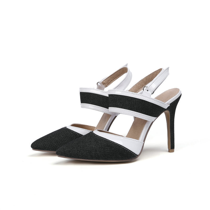 Blue Denim White Trim Pointed Toe Slingback Stiletto Heels | Women's Two-Tone Casual Chic High Heel Pumps