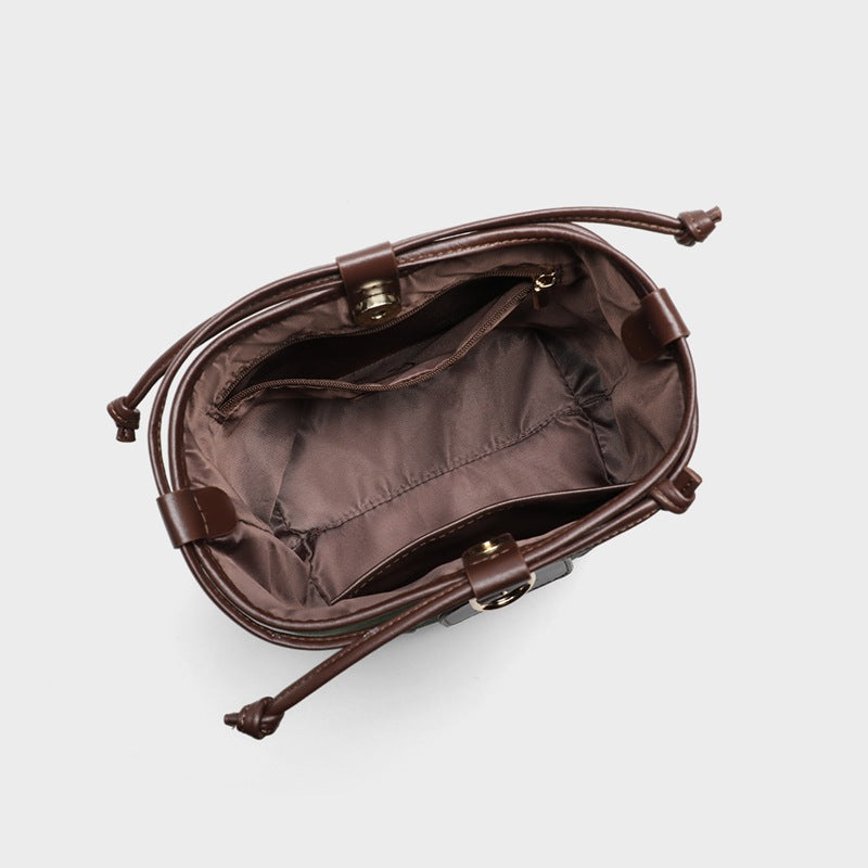 Green Suede Bucket Bag with Brown Leather Trim & Bear Charm | Classic Design Vocation Crossbody