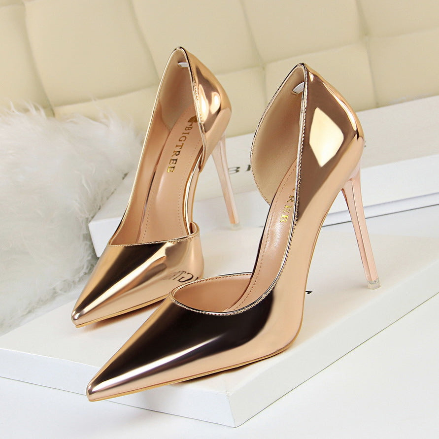 Black Patent Leather D'Orsay Stiletto Pumps Women Pointed Toe Cut Out High Heel Office Party Dress Shoes