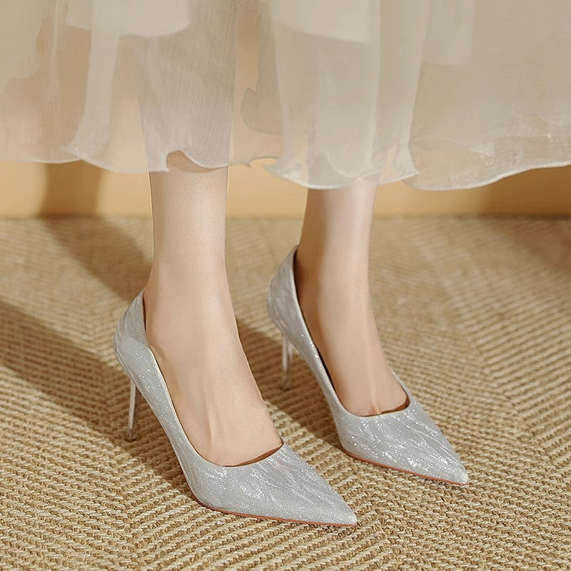 Champagne Glitter Sequin Pointed Toe Stiletto Pumps | Women's Sparkle Slip-On High Heel Shoes | Luxury Bridal Party Heels
