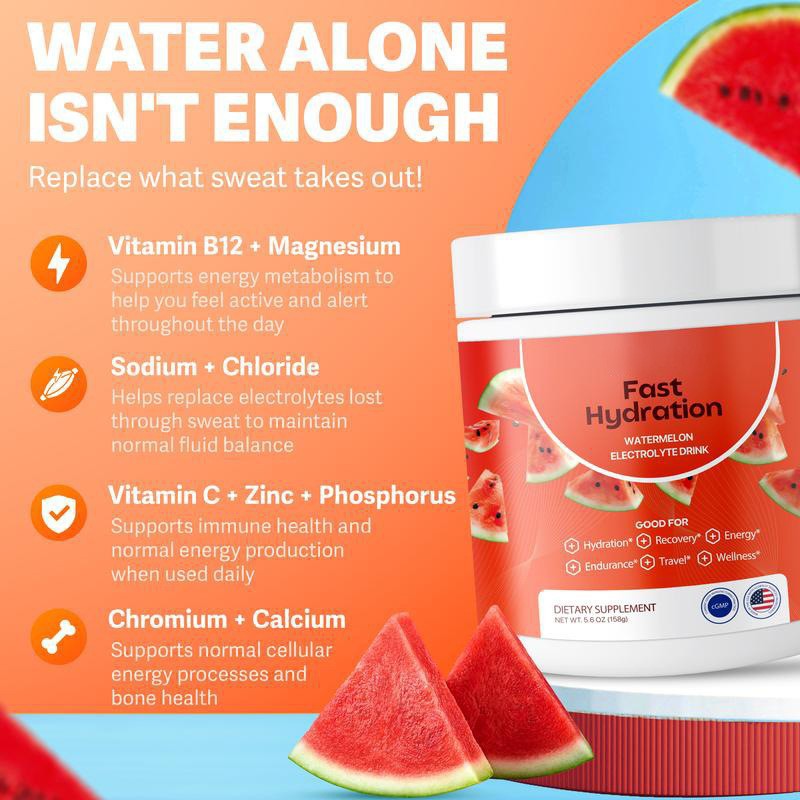 Fast Hydration Electrolyte Drink Powder | 6 Key Electrolytes | Zero Sugar | 30 Servings - Watermelon, Lemon Lime & Orange