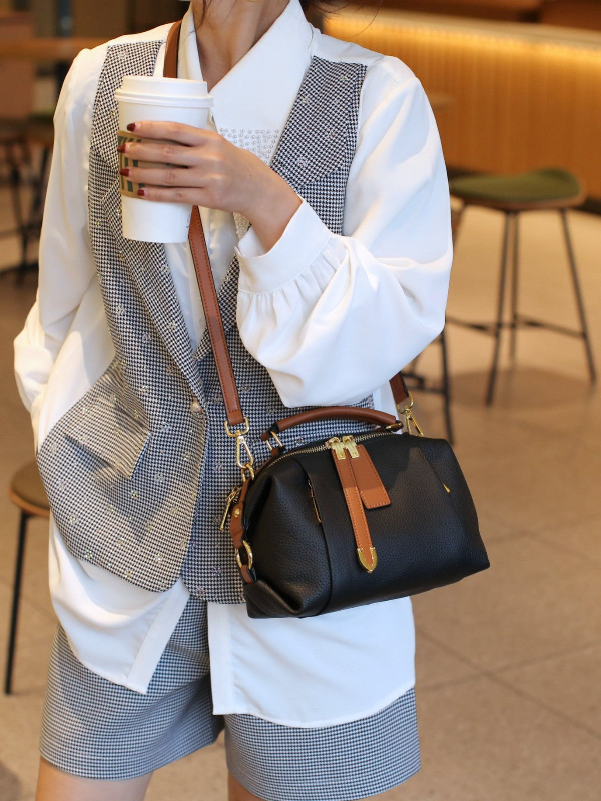 Black Canvas Doctor Bag with Brown Leather Trim | Small Structured Crossbody Handbag
