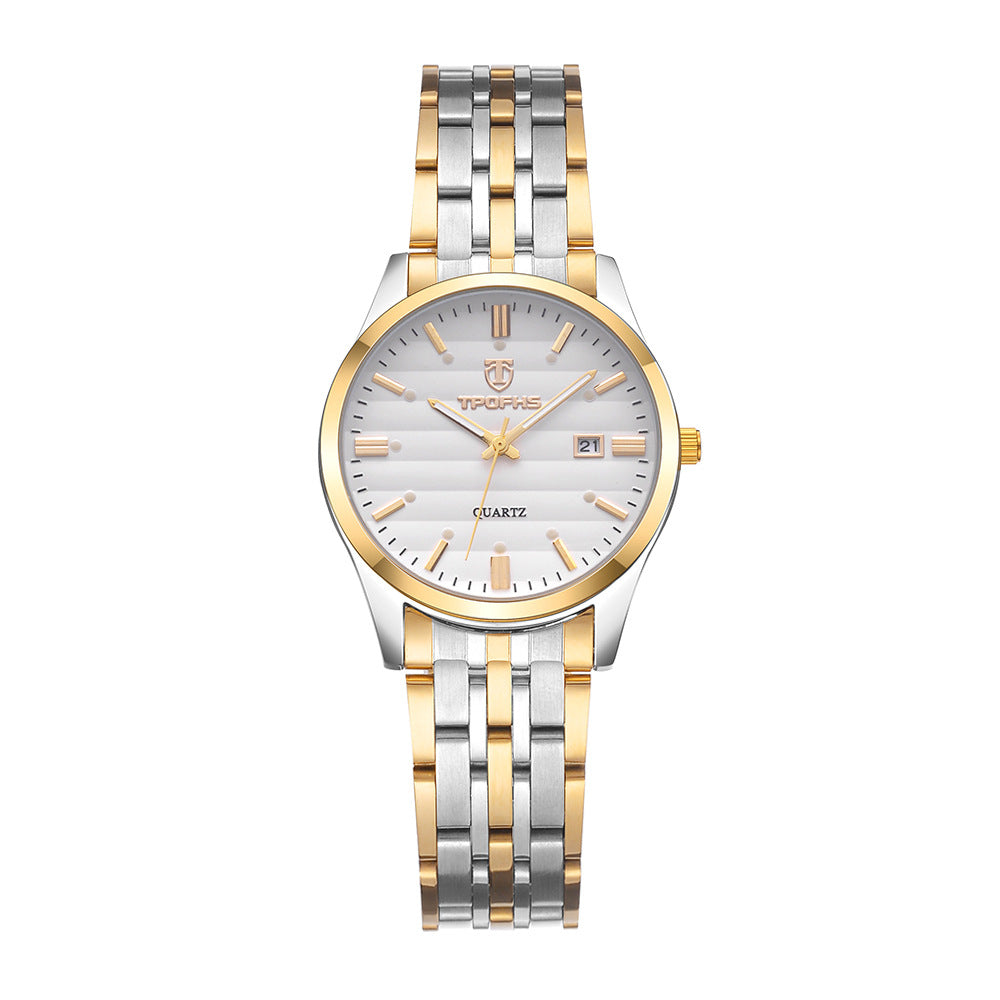 TROFHS Men's Quartz Watch | White Striped Dial | Brushed Stainless Steel Bracelet | Classic Silver Dress Watch with Date Window