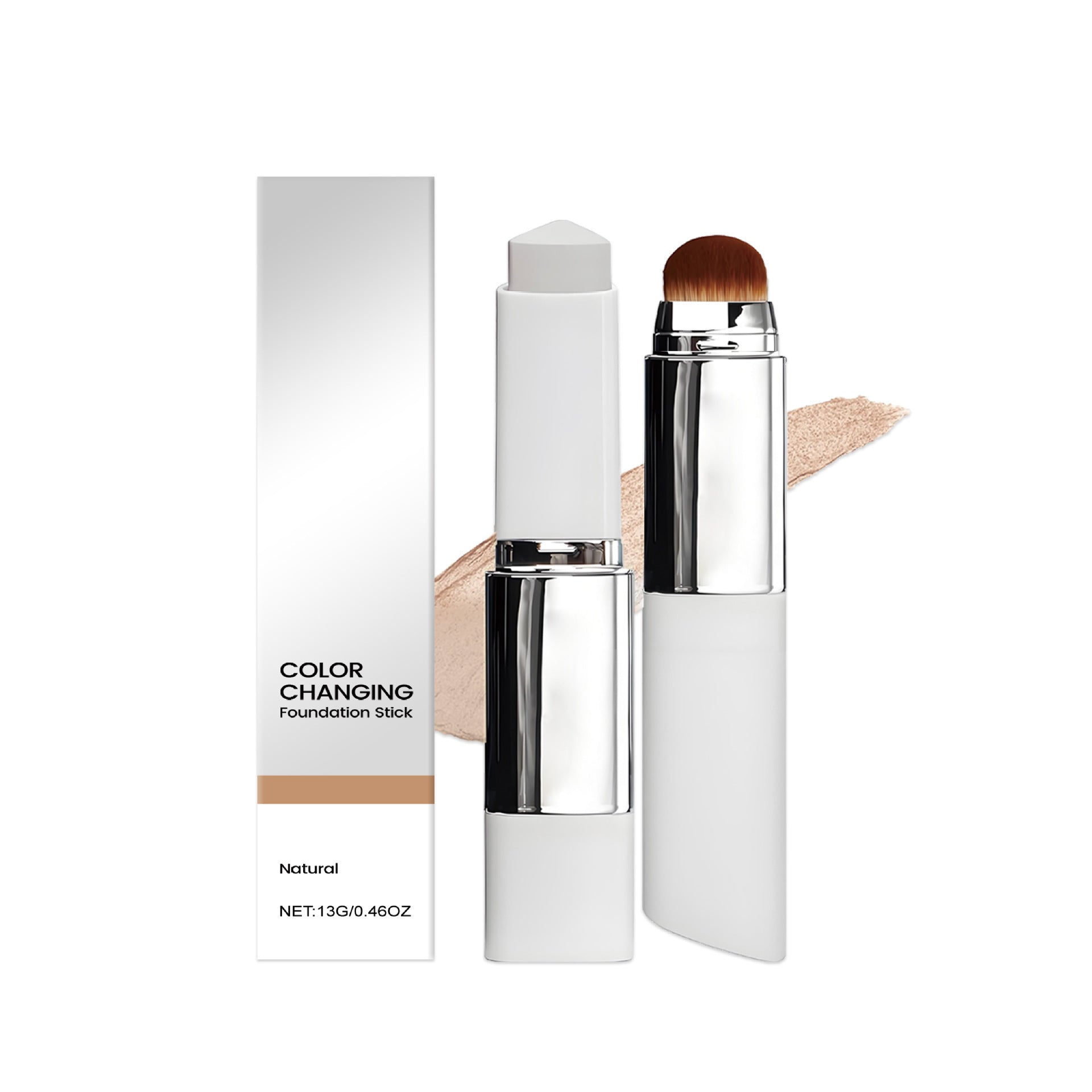 Zephoco Color Changing Foundation Stick Natural Shade | 13g Skin Tone Adaptive Foundation Stick with Built-In Brush | Full Coverage Seamless Complexion Makeup for Medium Natural Skin Tones | All Skin Types