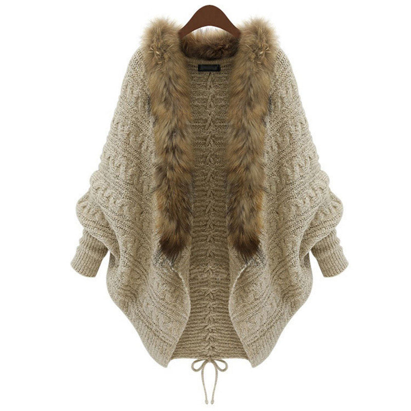 Damen Oversize Zopfmuster-Cardigan mit Kunstfellkragen – Fledermausärmel, offene Vorderseite, Tunnelzug an der Taille, Pullover-Mantel – Gemütlicher Winter-Wickelcardigan in Beige-Camel