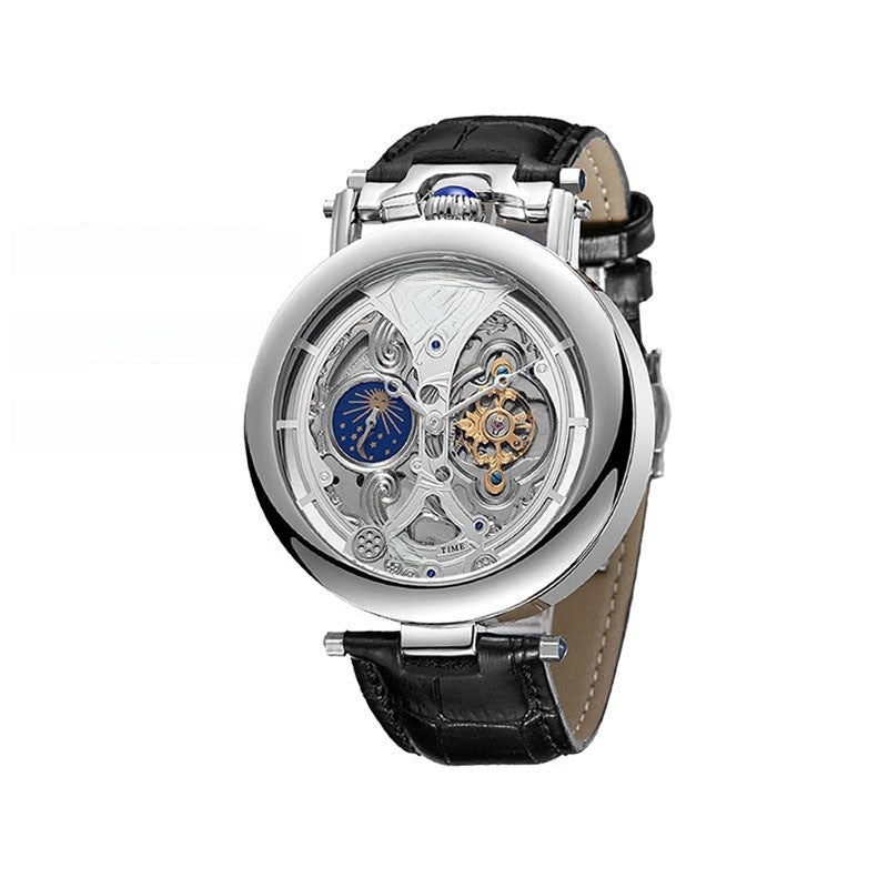 Difful Original Automatic Skeleton Watch | Dual Time and Sun Moon Display | Tourbillon Style | Blue Leather Strap | Luxury Mens Mechanical Watch