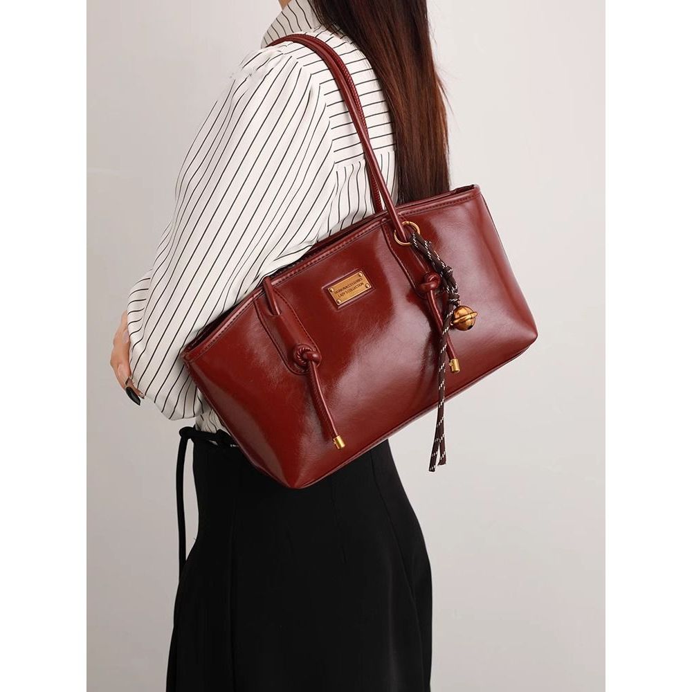Burgundy Wine Leather Tote Bag with Gold Hardware | Structured Shoulder Handbag