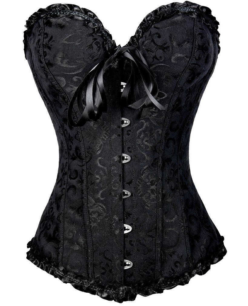 Red Brocade Overbust Corset | Black Ruffle Trim Bow Detail Boned Bustier Waist Cincher Women Halloween Burlesque Corset Top