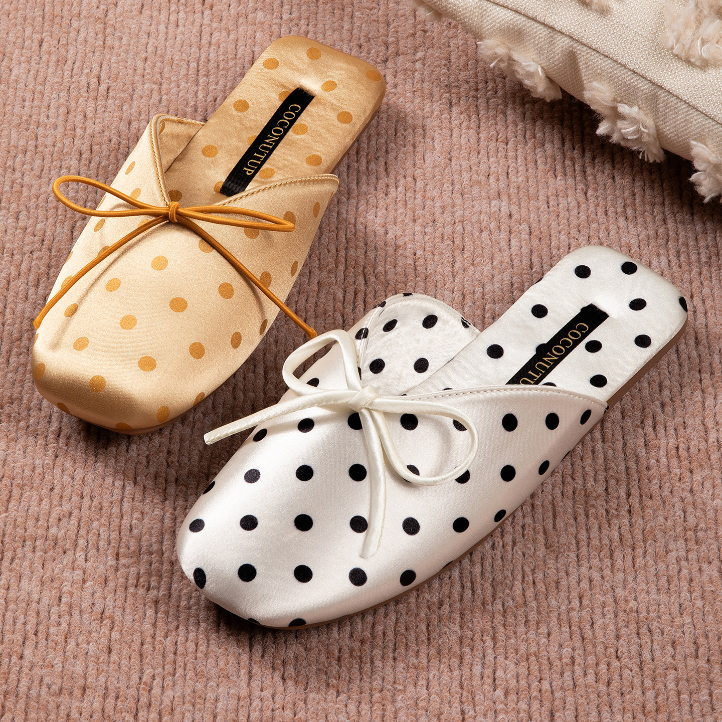 Satin Polka Dot Bow Slippers | Luxury Silk-Feel Indoor Mule Slides | Women's Elegant Home Shoes ? COCONUTUP