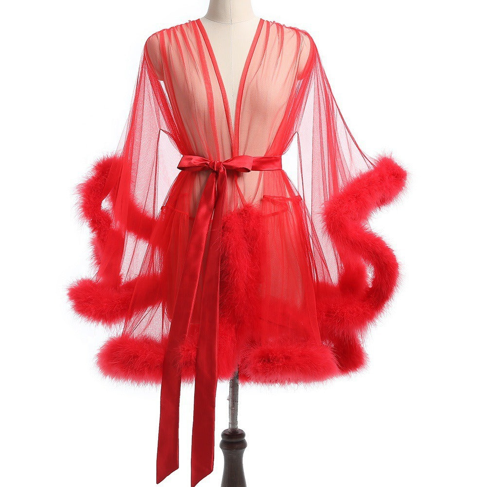 Feather Trim Sheer Mesh Lingerie Robe Set | 3-Piece Lace Bra Thong & Marabou Robe | Sexy Boudoir Intimates in Black Red White