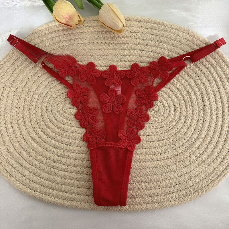 Perizoma da donna in rete con applicazioni floreali 3D rosse - Lingerie perizoma trasparente con cinturino regolabile e dettagli floreali